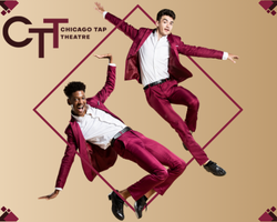 Two dancers wearing matching maroon suits and black tap shoes performing dynamic jumps against a beige background with geometric accents and the Chicago Tap Theatre logo.